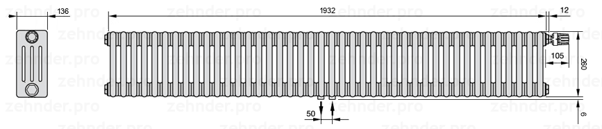 Схема (чертеж) Радиатор Zehnder Charleston 4026/42 №V008 Белый глянцевый RAL 9016